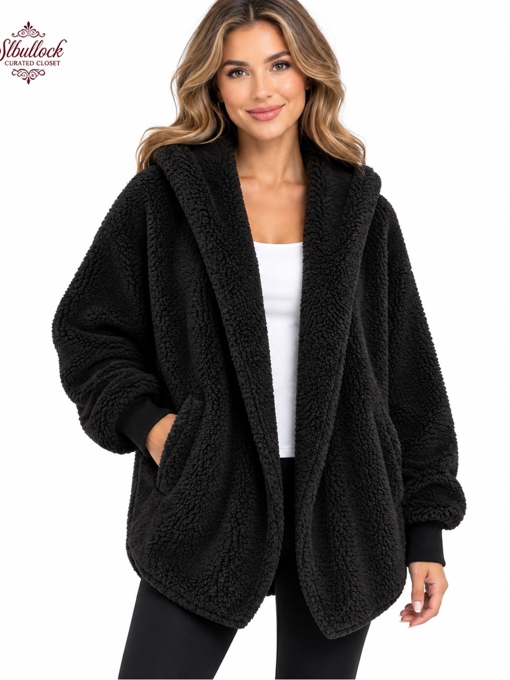 H33 HYFVE Size L Oversized Black Sherpa Teddy Jacket Hooded Collar Pockets